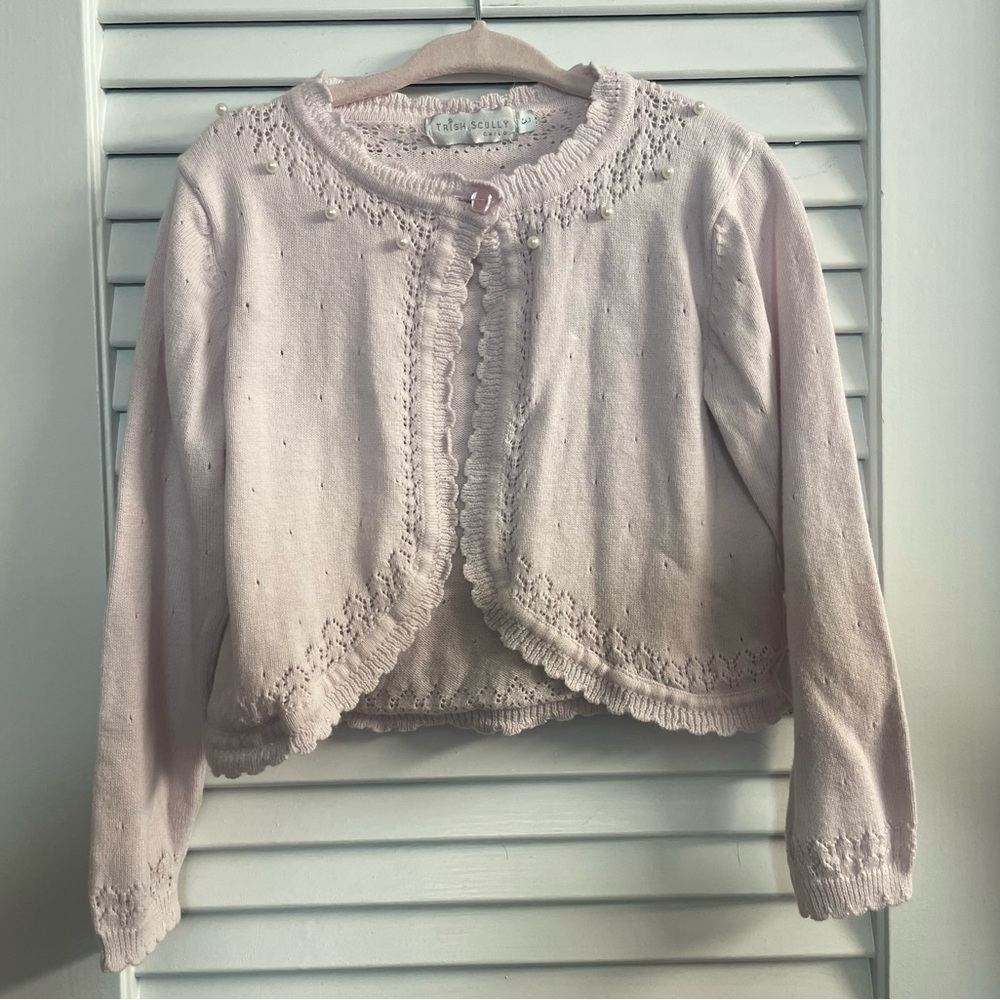Beautiful Pink Trish Scully Crocheted Sweater w/single Closure at Neck -Pearls